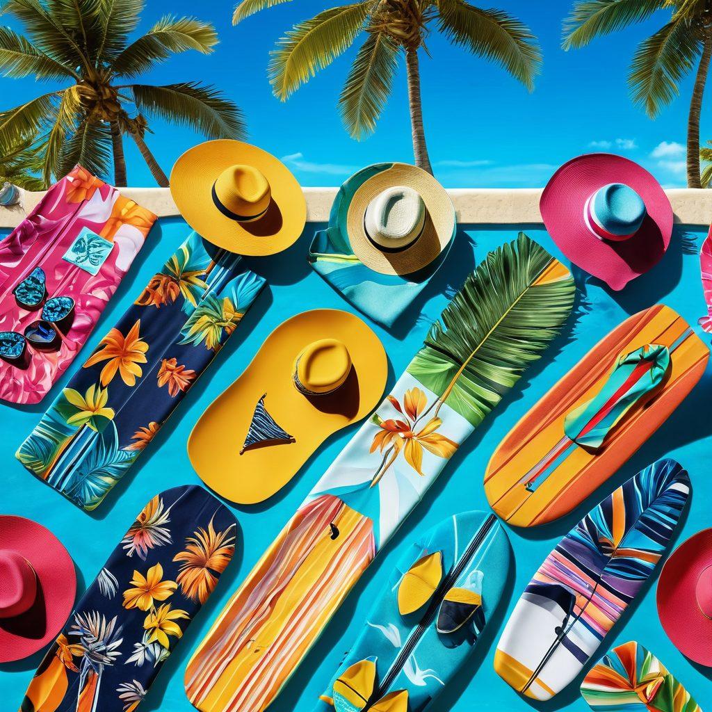 A vibrant summer scene showcasing a stylish array of swimwear displayed on a poolside lounge, with surfboards in the background and tropical palm trees swaying in the breeze. Include colorful beach towels and sun hats to evoke adventure and relaxation. The setting should be bright and inviting, capturing the essence of summer fun. super-realistic. vibrant colors. 3D.