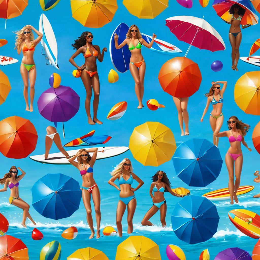 A sun-soaked beach scene showcasing a variety of trendy bikinis on diverse models enjoying summer activities like surfing, beach volleyball, and sunbathing. Vibrant umbrellas and beach balls add a playful touch, while crystal-clear waves gently lap at the shore. The atmosphere should feel lively and festive, capturing the essence of summer adventures. colorful and bright. super-realistic. vibrant colors.